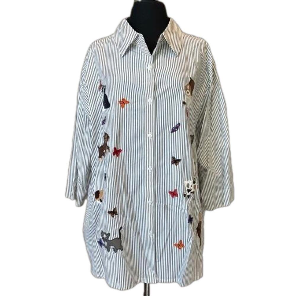 Bechamel Button Up Striped Embroidered Cats Dogs 3/4 Sleeve Blouse Top Size 2X